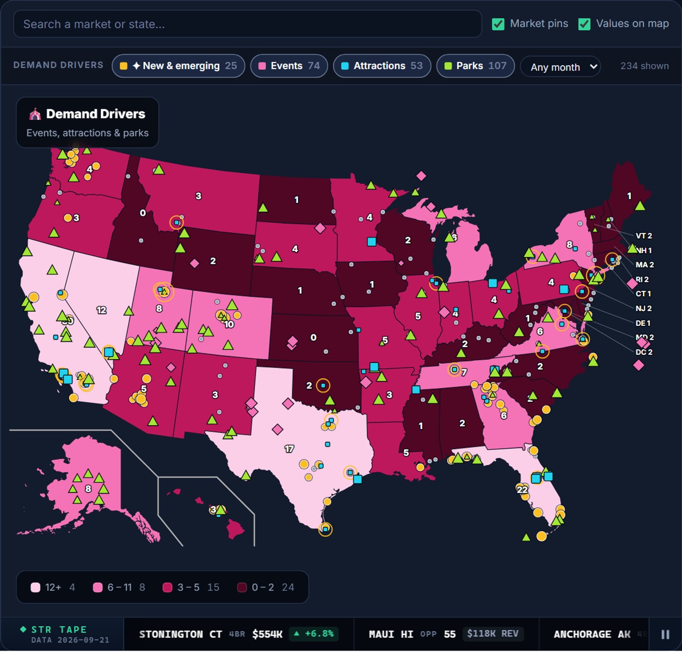 The Demand Drivers layer of the National STR Map with events, attractions and parks plotted across the United States