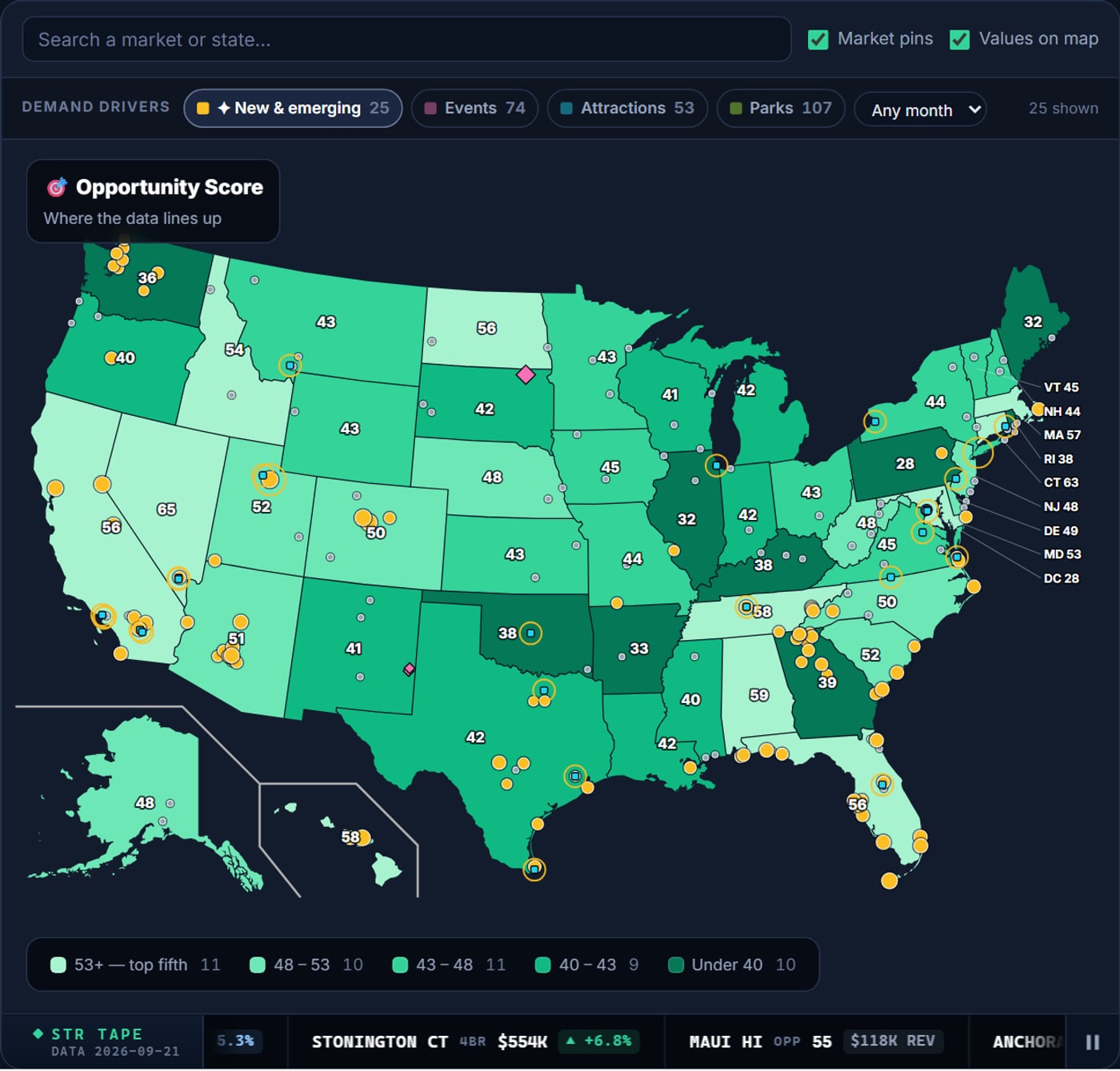 The National STR Map showing the Opportunity Score overlay for all 50 states with market pins and new demand drivers